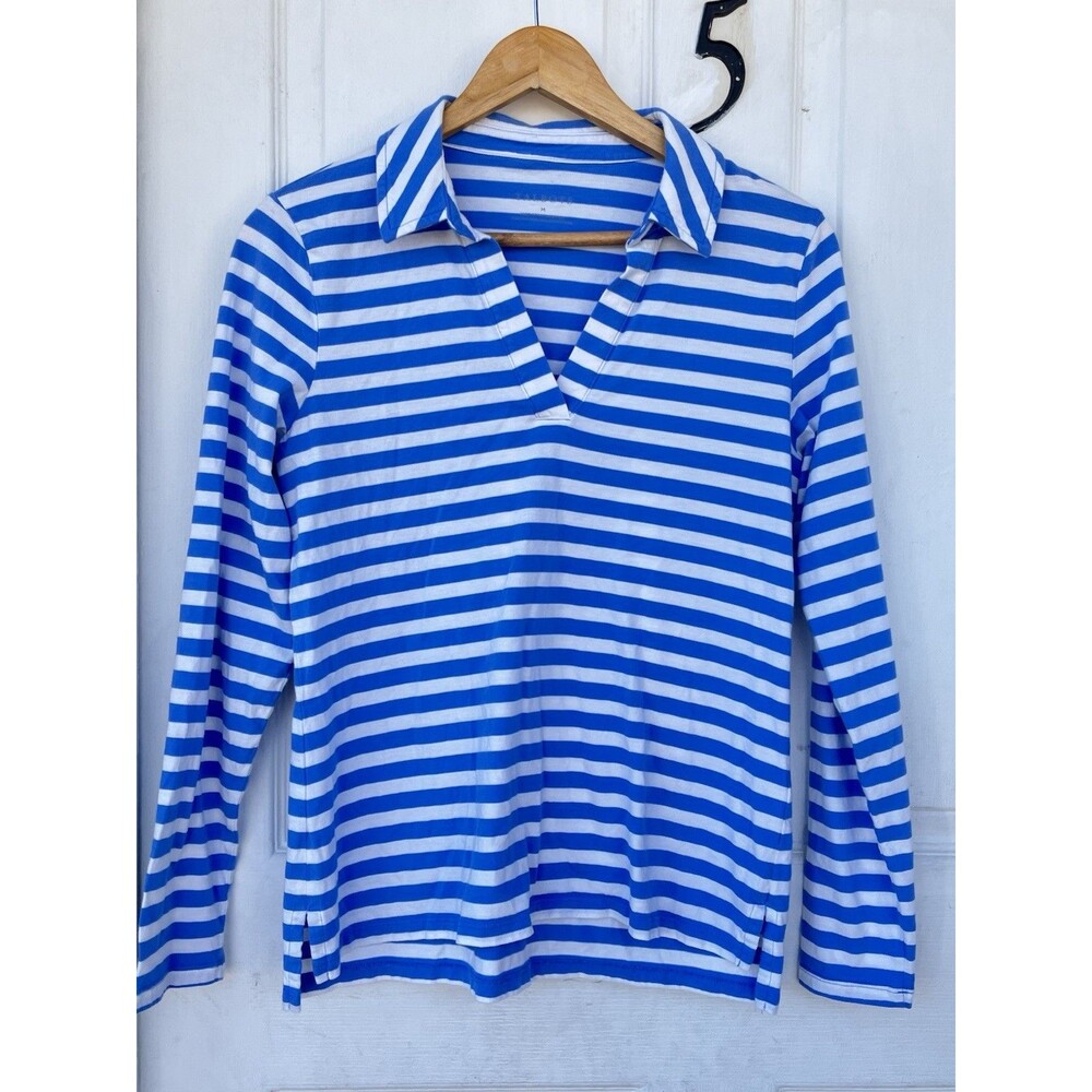 Talbots 100% Cotton Blue White Striped Collared Pullover Long Sleeve Top M - Picture 2 of 12
